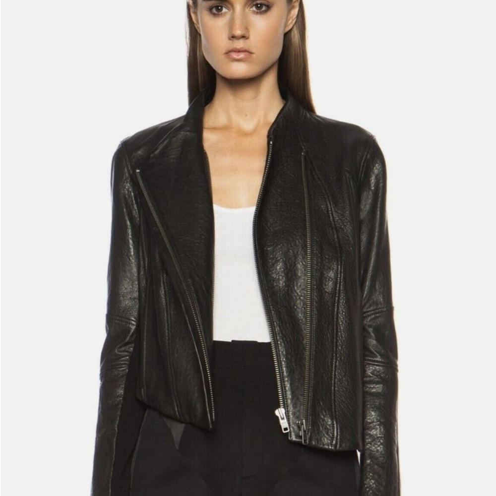 Helmut Lang Blistered Asymmetric Leather Jacket with cloth detailing on sleeves